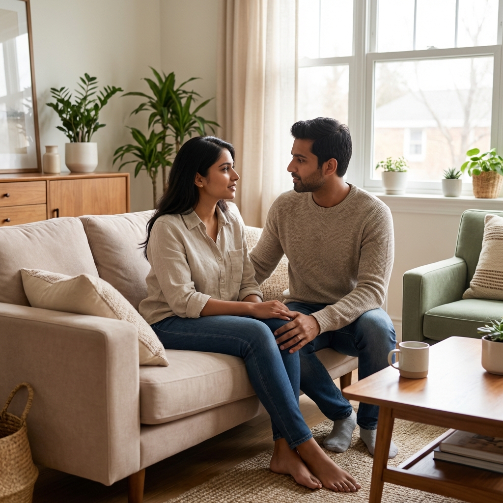 Modern Indian couple talking peacefully